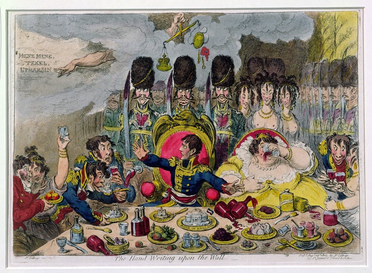 The Hand-Writing upon the Wall, julkaisija Hannah Humphrey vuonna 1803 (käsinvärinen etsaus) tekijältä James Gillray