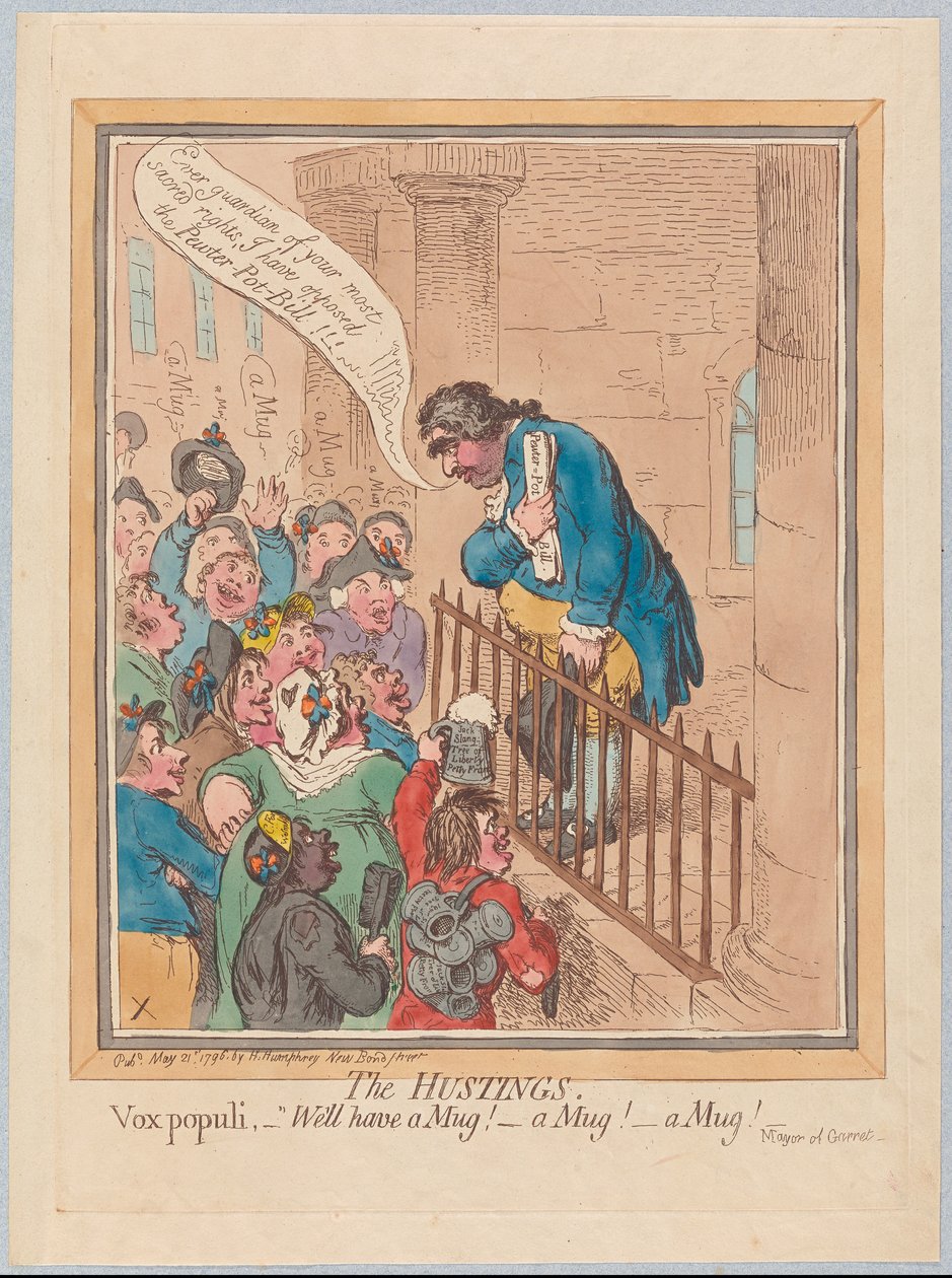 Hustingit. Vox Populi No on muki! Muki! Muki!, pubi. 1796 (käsinvärinen kaiverrus) tekijältä James Gillray