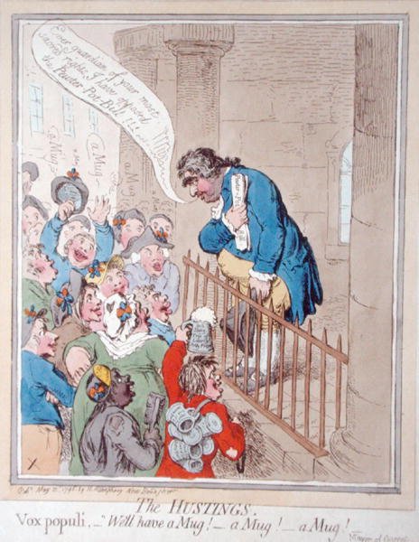 Hannah Humphreyn vuonna 1796 julkaisema The Hustings (käsin väritetty etsaus). tekijältä James Gillray