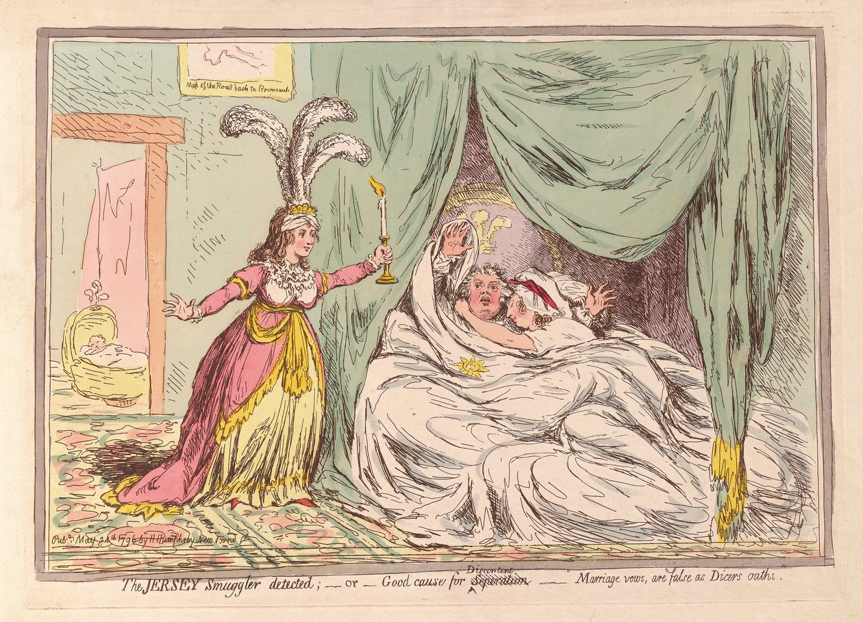 Jersey Smuggler havaitsi, tai hyvä syy eroon, avioliittovalat ovat vääriä, koska Dicers-valat, pub. 1796 (käsinvärinen kaiverrus) tekijältä James Gillray