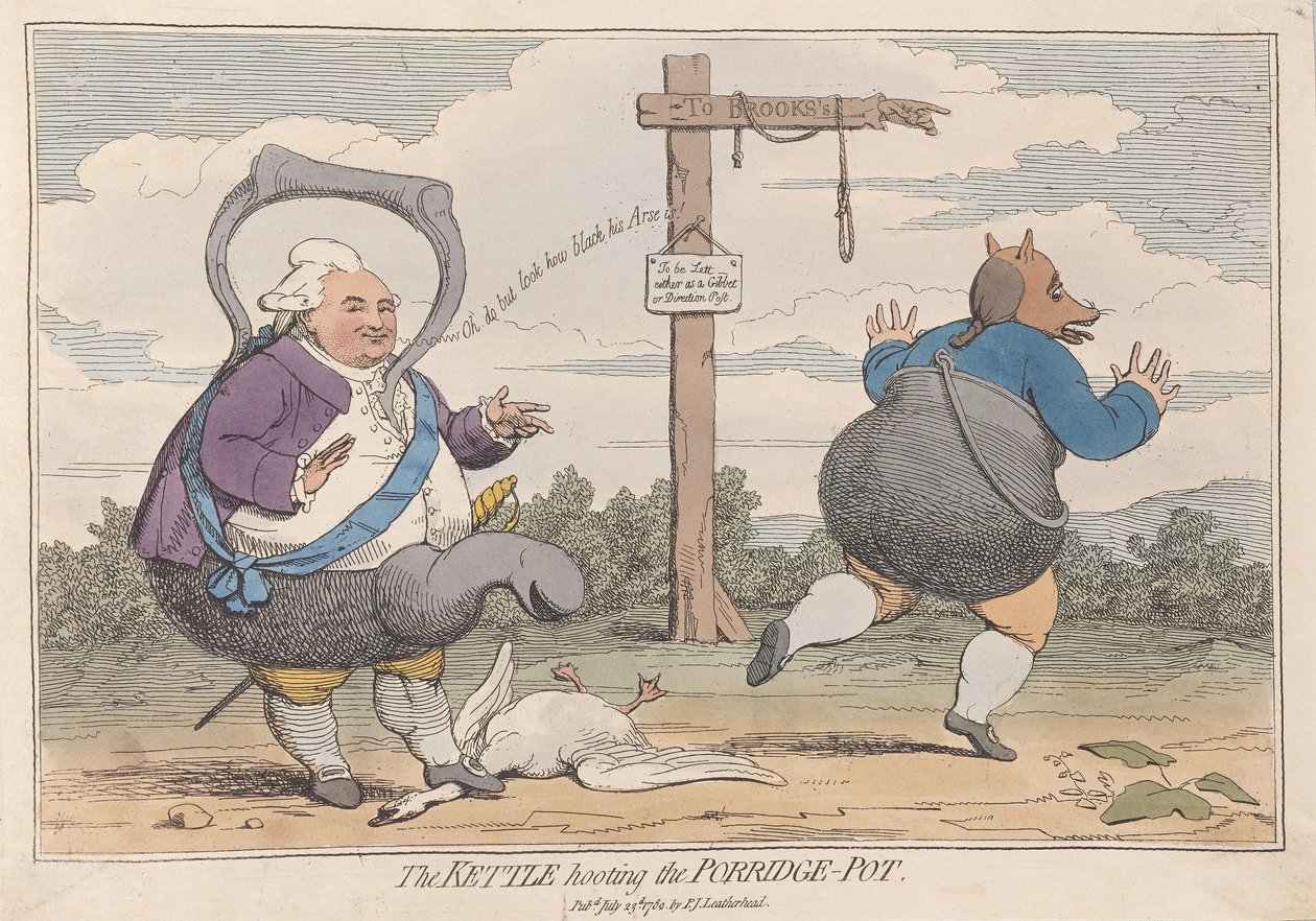 The Kettle Hooting the Porridge-Pot, pubi. 1782 (käsinvärinen kaiverrus) tekijältä James Gillray