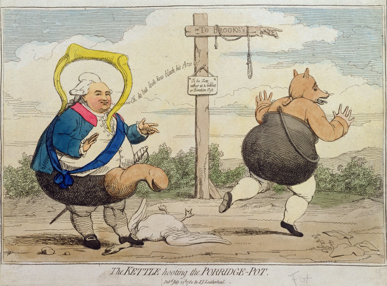The Kettle Hooting the Porridge-Pot, julkaisija P.J. Leatherhead vuonna 1782 (käsinvärinen etsaus) tekijältä James Gillray