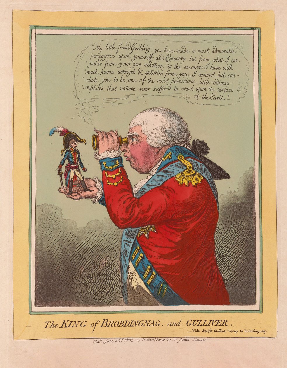 Brobdingnagin ja Gulliverin kuningas, pubi. 1803 (käsinvärinen kaiverrus) tekijältä James Gillray