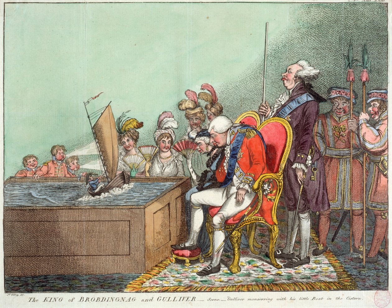 Brobdingnagin ja Gulliverin kuningas, vuoden 1804 jälkeen (kaiverrus) tekijältä James Gillray