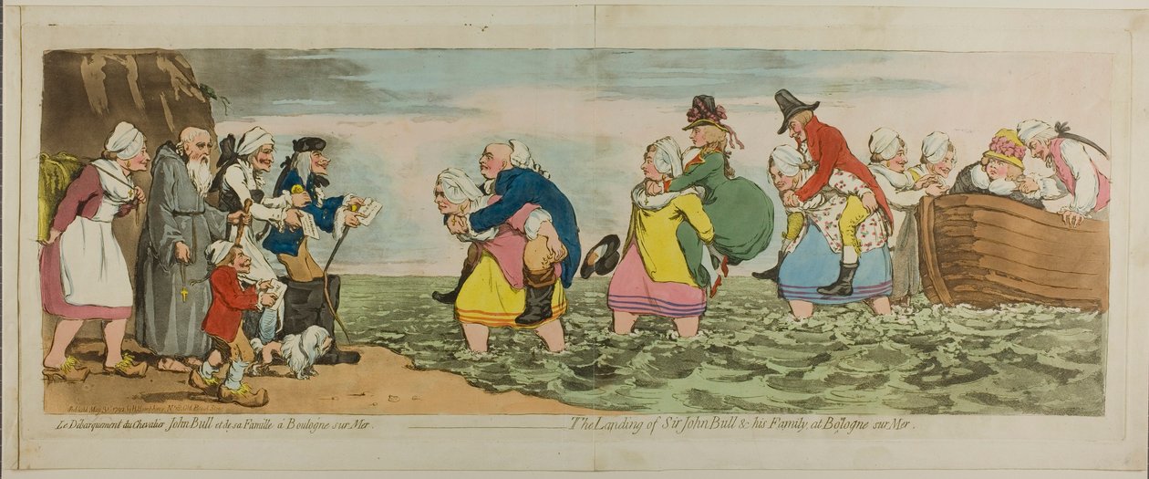 Sir John Bullin ja hänen perheensä maihinnousu Boulogne sur merissa tekijältä James Gillray
