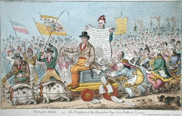 Uskollinen osoite! tai The Procession of the Hampshire Hogs from Botley to St. James, julkaisija Hannah Humphrey vuonna 1808 (käsinvärinen etsaus) tekijältä James Gillray