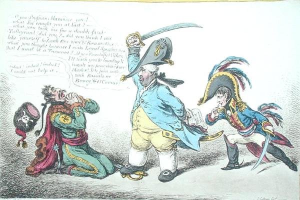 Suurenmoinen ministeri kurittaa Preussilaista perfidia, julkaissut Hannah Humphrey vuonna 1806 (käsinvärinen etsaus) tekijältä James Gillray