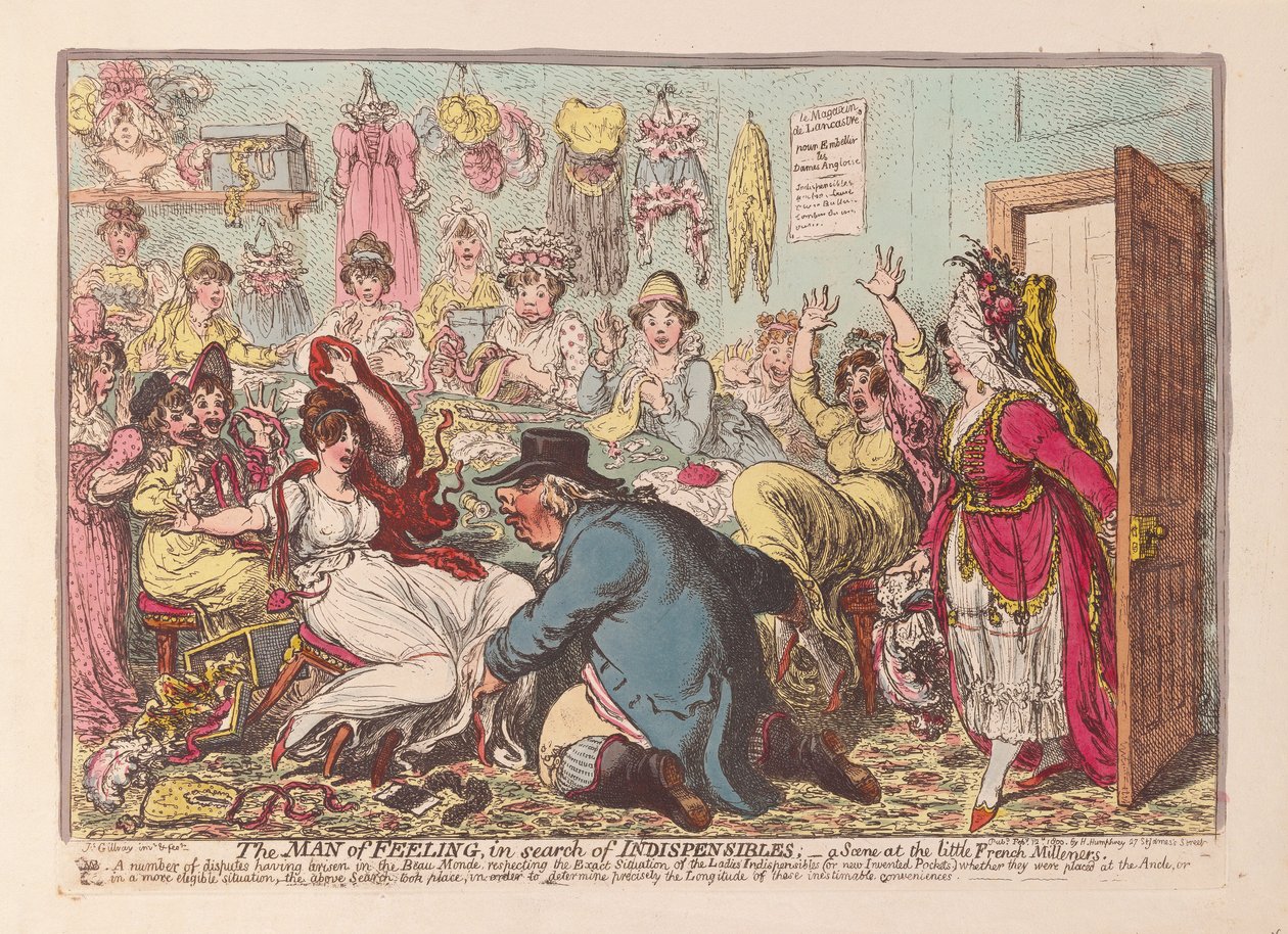 Tunteiden mies etsimässä välttämättömiä; kohtaus pienessä ranskalaisessa Millinersissä, pubissa. 1800 (käsinvärinen kaiverrus) tekijältä James Gillray