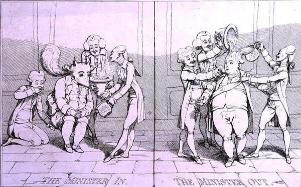 The Minister In - The Minister Out, julkaissut William Humphrey vuonna 1782 (etsaus) tekijältä James Gillray