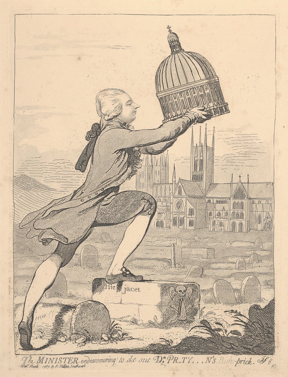 Ministeri yrittää täydentää tohtori Pr*ty***nin Bisho-Prickiä tekijältä James Gillray