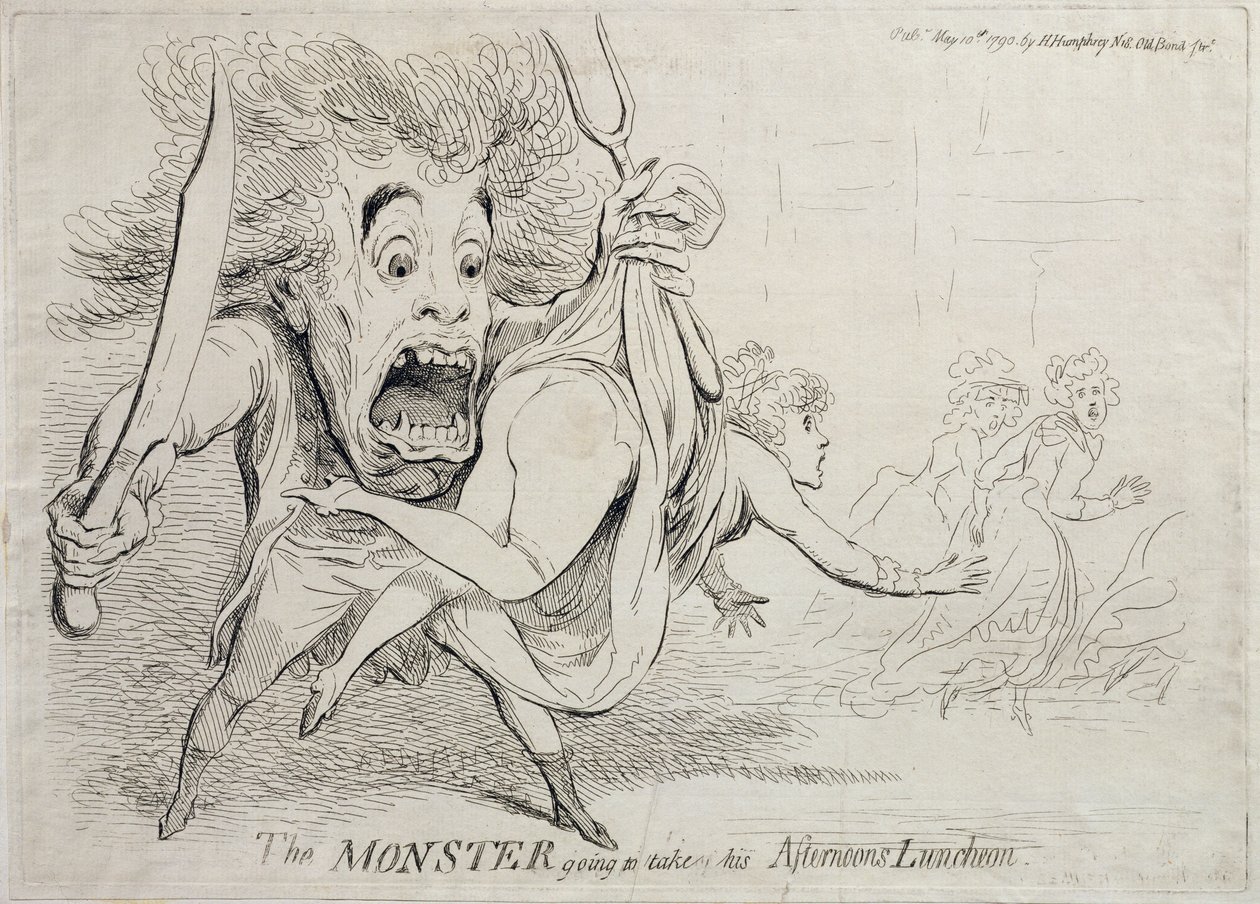 Hirviö syö iltapäivälounaansa, julkaisi Hannah Humphrey vuonna 1790 tekijältä James Gillray