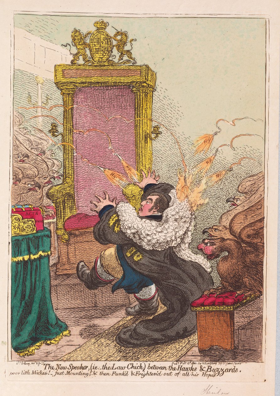 New Speaker, (eli Law-Chick) Hawksin ja Buzzardsin välillä, pub. 1800 (käsin väritetty kaiverrus) tekijältä James Gillray