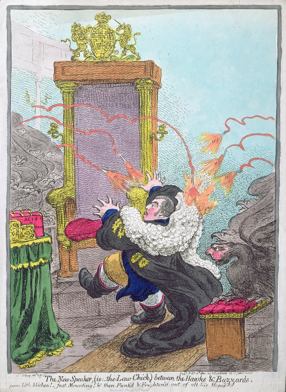 Hannah Humphreyn vuonna 1800 julkaisema The New Speaker (eli The Law-Chick) Hawksin ja Buzzardsin välillä (käsinvärinen etsaus) tekijältä James Gillray