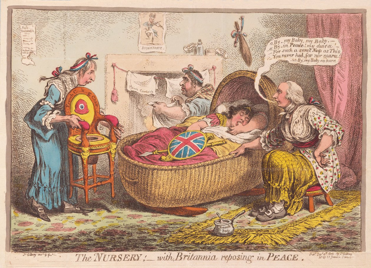 Taimitarha; Britannian kanssa lepäämässä Peacessa, pubissa. 1802 (käsinvärinen kaiverrus) tekijältä James Gillray