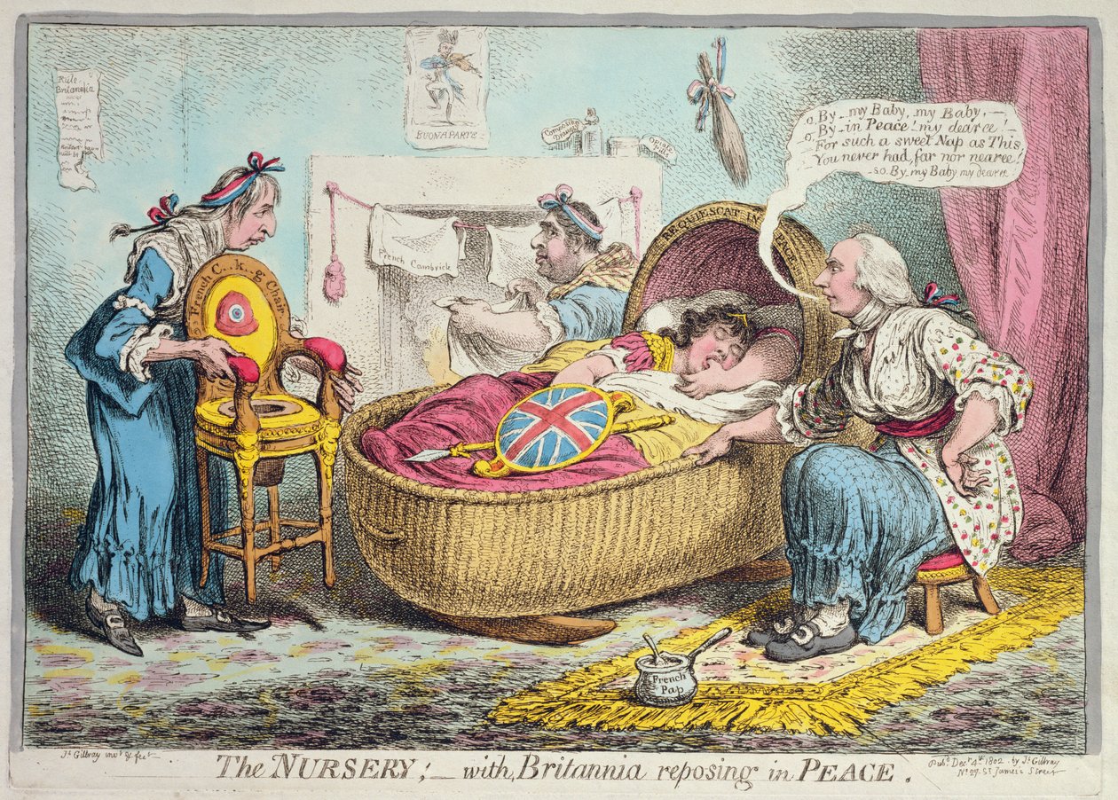 Päiväkoti! Britannia lepää rauhassa, julkaissut Hannah Humphrey vuonna 1802 (käsinvärinen etsaus) tekijältä James Gillray