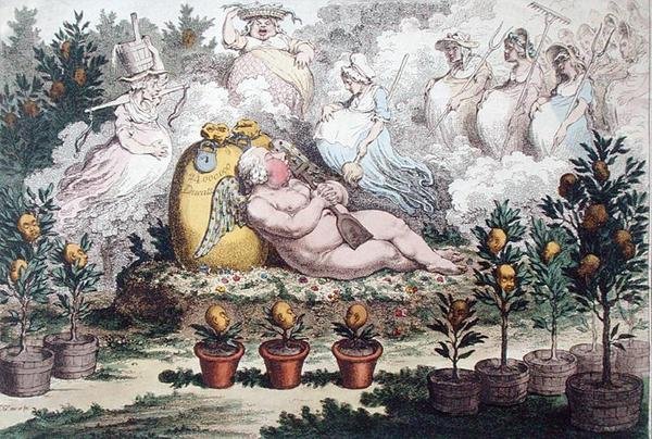 The Orangerie tai The Dutch Cupid reposing, After the Fatigues of Planting, julkaissut Hannah Humphrey vuonna 1796 (käsinvärinen etsaus) tekijältä James Gillray
