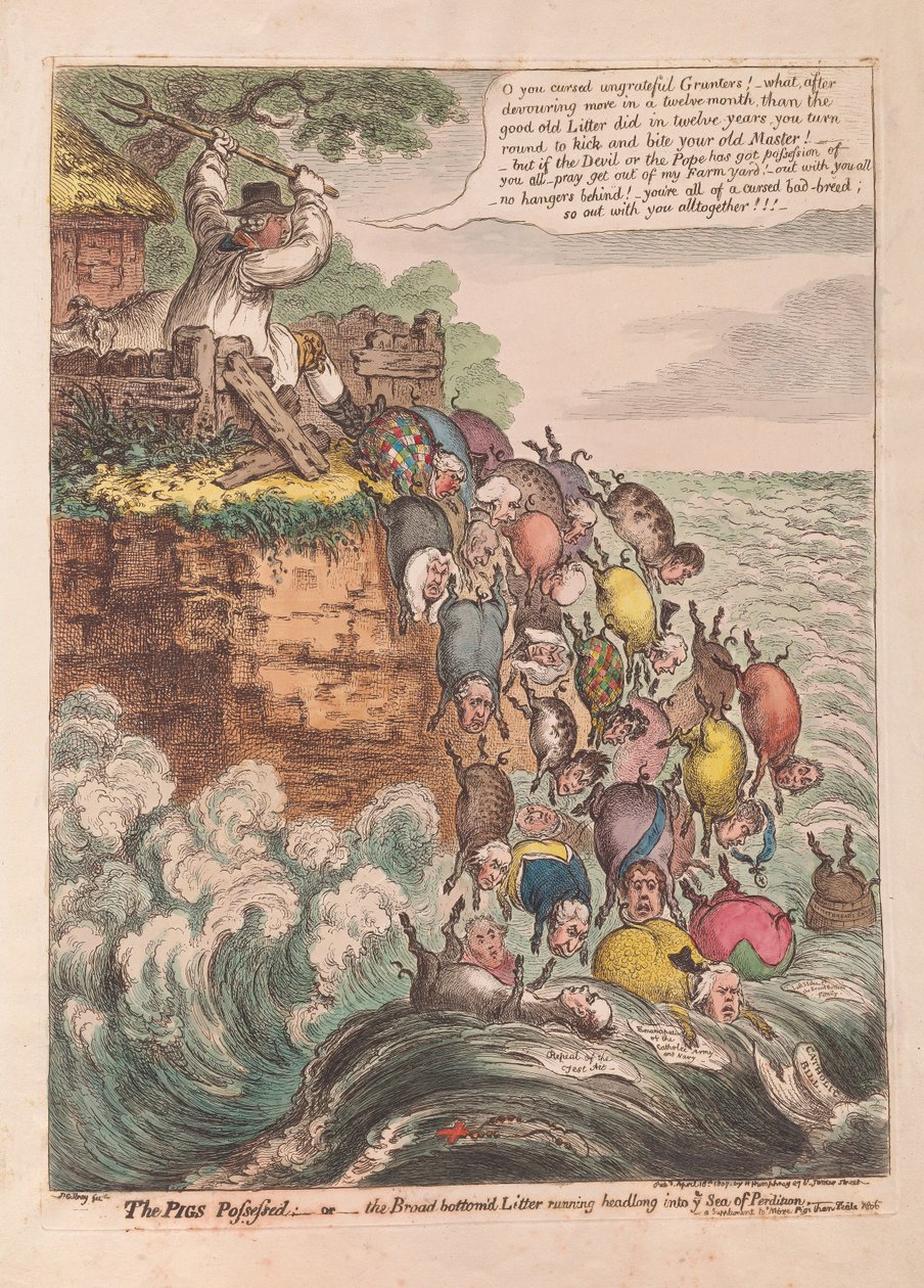 The Pigs Possessed: or the Broad bottomd Litter running headlong into the Sea of Perdition, pub. 1807 (käsin väritetty kaiverrus). tekijältä James Gillray