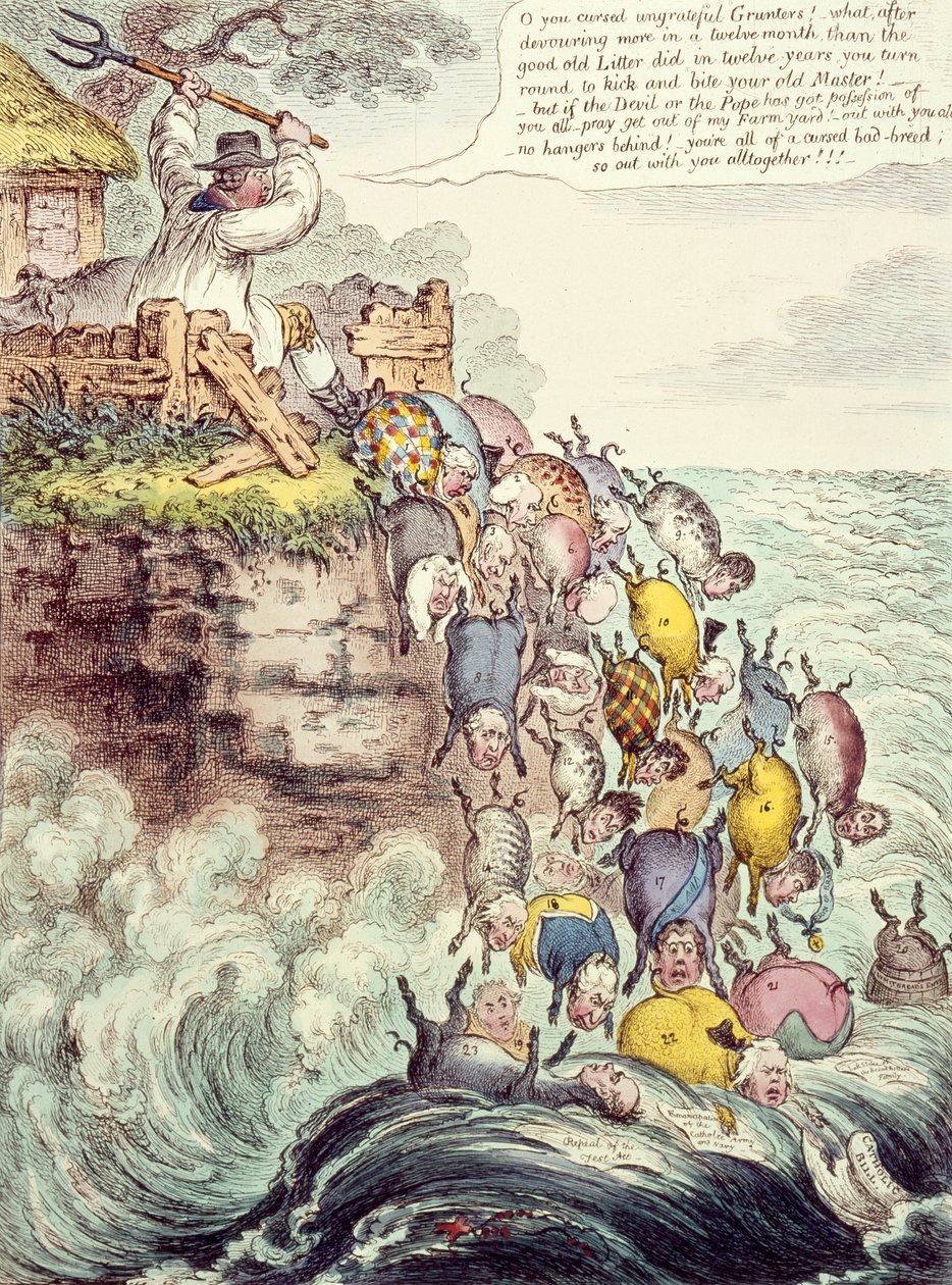 Huonekalut ja erilaiset esineet 1100- ja 1300-luvuilta tekijältä James Gillray