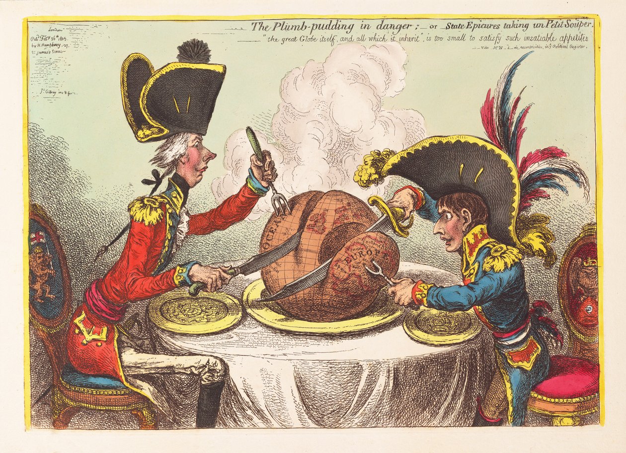 Plum Pudding vaarassa tai State Epicures ottaa Petit Souperissa, pubissa. 1805 (käsinvärinen kaiverrus) tekijältä James Gillray