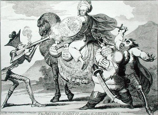 The Political Banditti Assailing the Saviour of India, julkaissut W. Holland vuonna 1786 (etsaus) tekijältä James Gillray