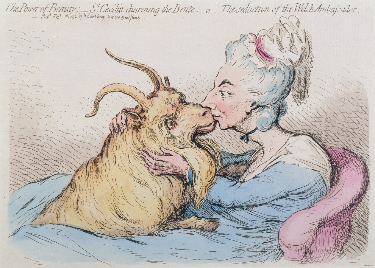 Kauneuden voima: Welchin suurlähettilään viettely, julkaissut Hannah Humphrey vuonna 1792 (käsin väritetty etsaus). tekijältä James Gillray