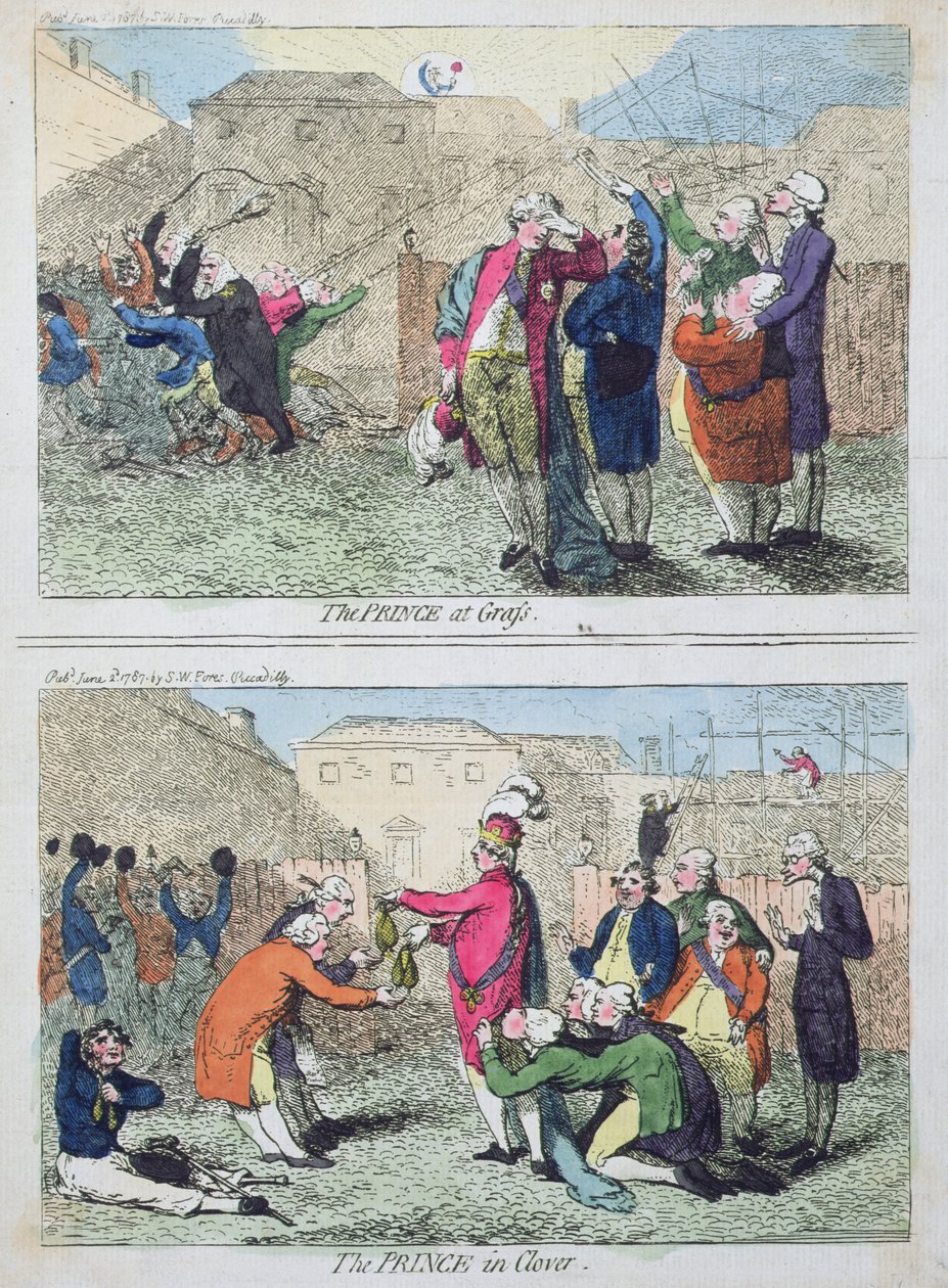 The Prince at Grass ja The Prince in Clover, julkaisija S.W. Fores vuonna 1787 (käsinvärinen etsaus) tekijältä James Gillray