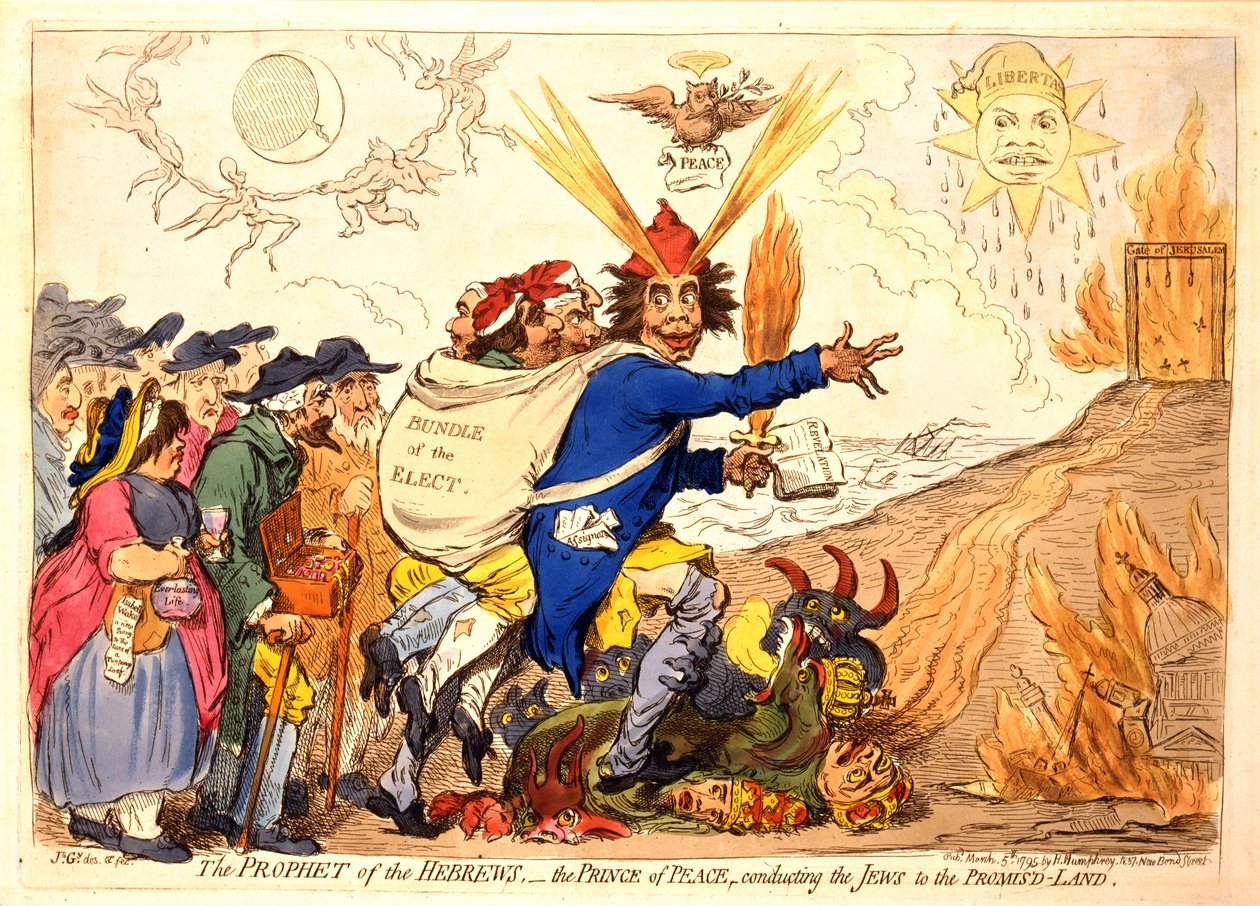 Heprealaisten profeetta - Rauhanruhtinas johdattaa juutalaisia Luvattuun maahan, pub. Hannah Humphrey, 1795 (käsinvärinen kaiverrus) tekijältä James Gillray