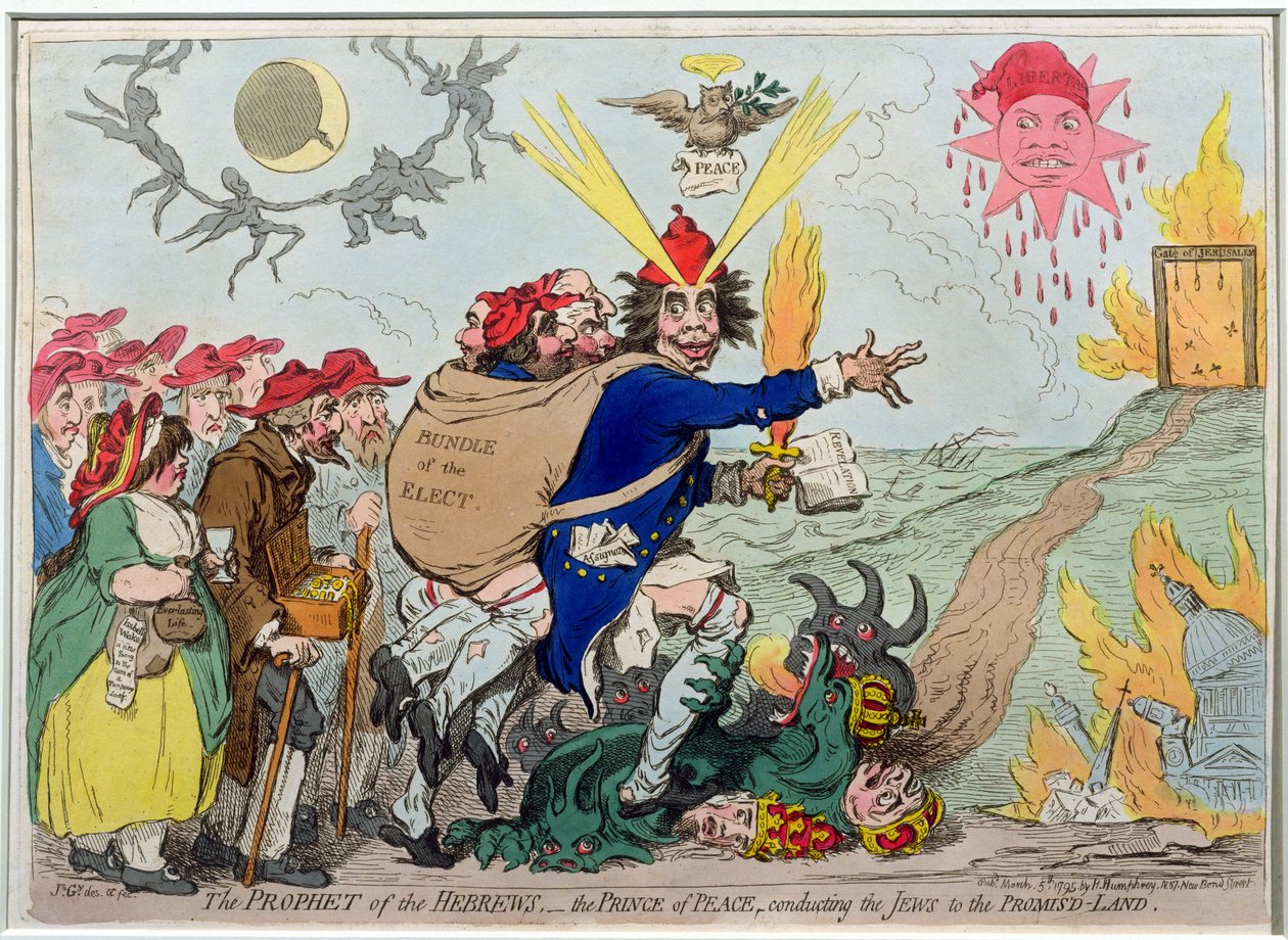 Heprealaisten profeetta: Rauhanruhtinas johdattaa juutalaisia Luvattuun maahan, julkaissut Hannah Humphrey vuonna 1795 (käsinvärinen etsaus) tekijältä James Gillray