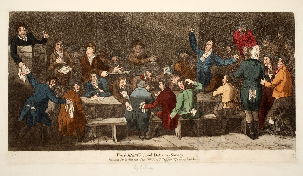 The ROBBING Hood Debating Society, pubi S. Tipper, 1. tammikuuta 1809 (käsinvärinen kaiverrus) tekijältä James Gillray