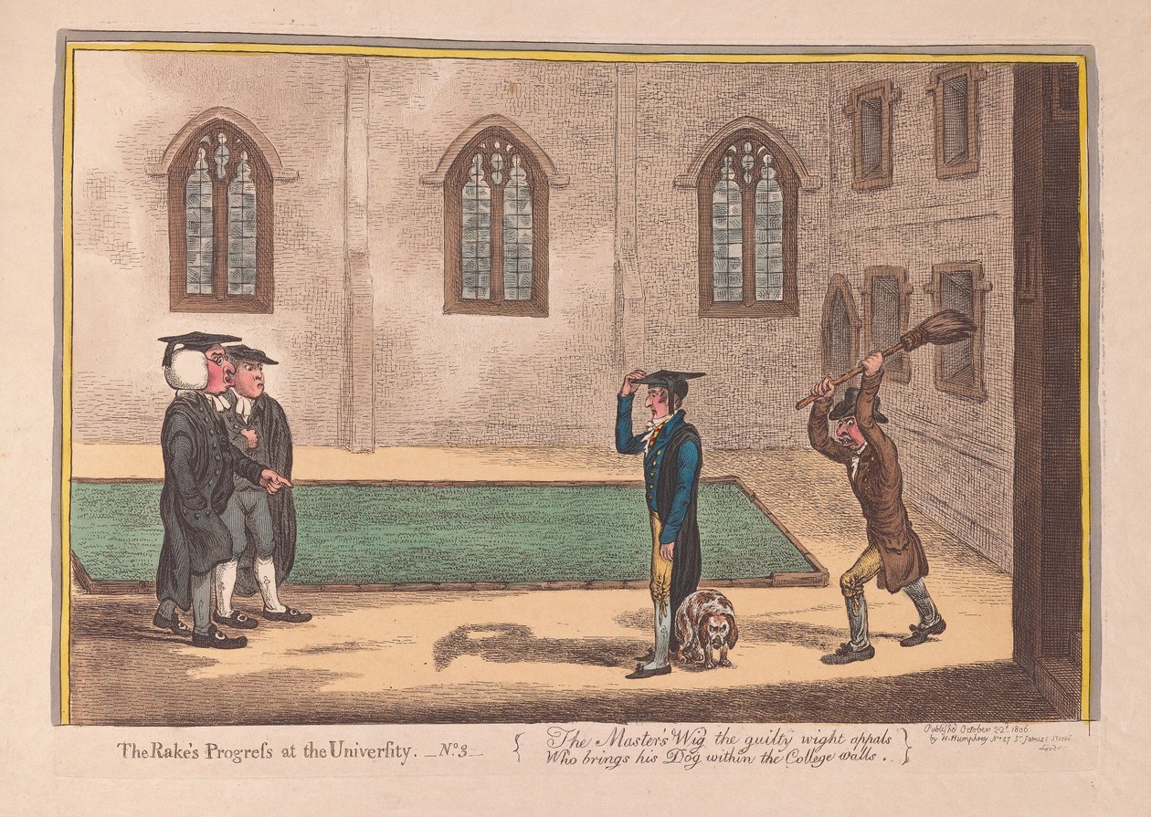 Rakes edistyy yliopistossa. Nro 3, pub. 1806 (käsinvärinen kaiverrus) tekijältä James Gillray
