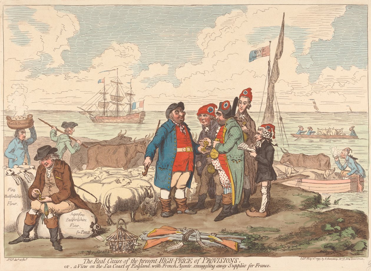 Nykyisten korkeiden elintarvikehintojen todellinen syy eli Näkymä Englannin rannikolta, jossa ranskalaiset agentit salakuljettavat tarvikkeita Ranskaan tekijältä James Gillray