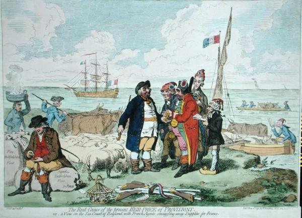 Varojen nykyisen korkean hinnan todellinen syy, julkaissut Hannah Humphrey vuonna 1795 (käsinvärinen etsaus) tekijältä James Gillray