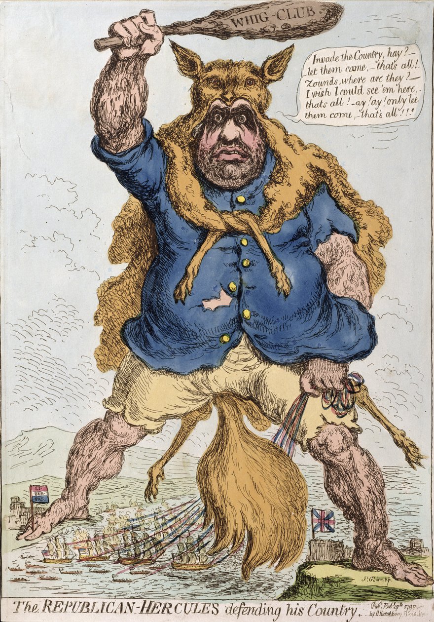 Republikaani-Hercules puolustaa maataan, julkaissut Hannah Humphrey vuonna 1797 (käsinvärinen etsaus) tekijältä James Gillray