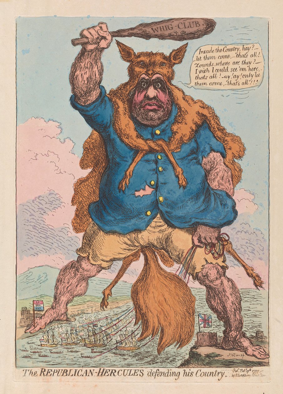 Republikaani Hercules puolustamassa maataan, pubi. 1797 (käsinvärinen kaiverrus) tekijältä James Gillray