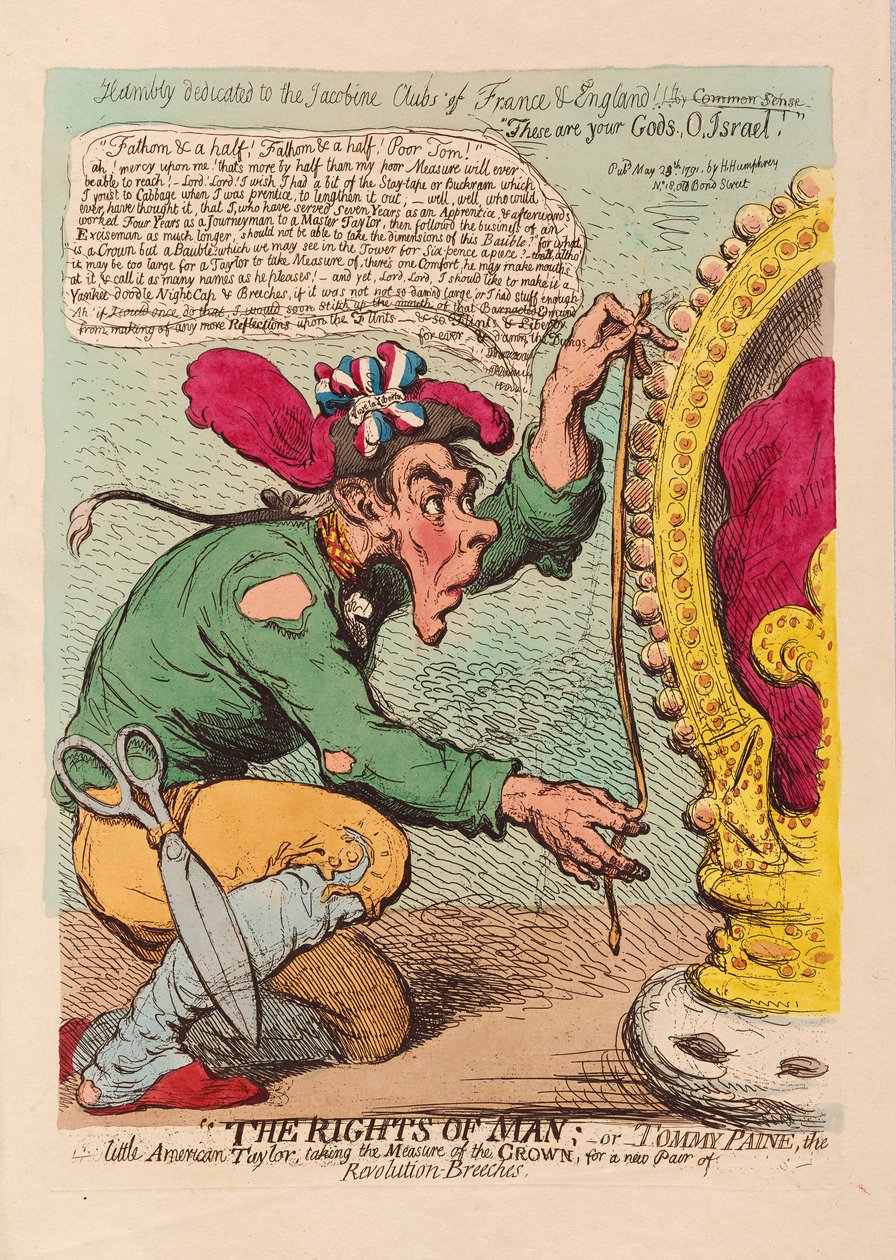 The Rights of Man eli Tomm Paine, pikku amerikkalainen Taylor mittaa kruunua uudelle Revolution-housut, pubille. 1791 (käsinvärinen kaiverrus) tekijältä James Gillray