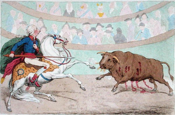 The Royal Bull-Fight, julkaissut Hannah Humphrey vuonna 1795 (käsinvärinen etsaus) tekijältä James Gillray