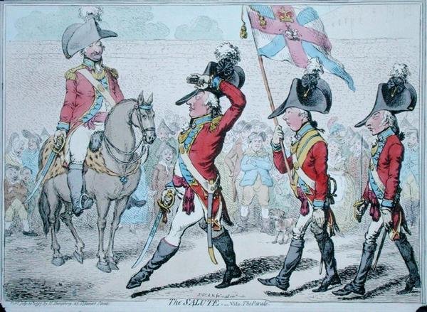 The Salute tai The Parade, julkaissut Hannah Humphrey vuonna 1797 (käsinvärinen etsaus) tekijältä James Gillray