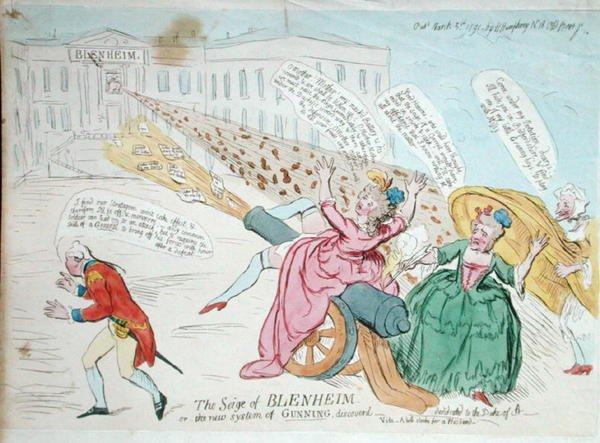 Blenheimin piiritys eli uusi löytöjärjestelmä löydetty, julkaissut Hannah Humphrey vuonna 1791 (käsinvärinen etsaus) tekijältä James Gillray