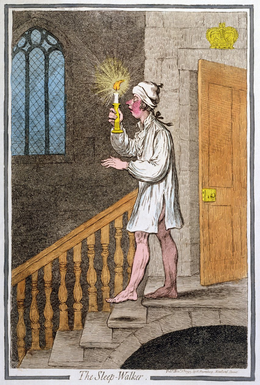 The Sleep-Walker, julkaissut Hannah Humphrey vuonna 1795 (käsinvärinen etsaus0 tekijältä James Gillray