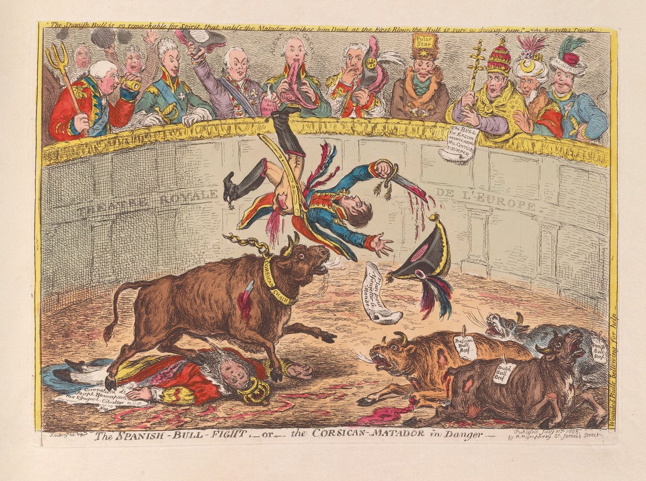 Espanjalainen härkätaistelu tai korsikalainen matadori vaarassa, pub. 1805 (käsin väritetty kaiverrus). tekijältä James Gillray