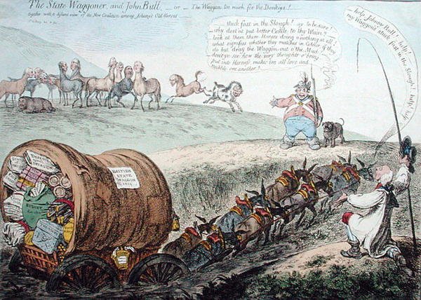 State Wagoner ja John Bull tai The Waggon liikaa aaseille! julkaissut Hannah Humphrey vuonna 1804 (käsinvärinen etsaus) tekijältä James Gillray