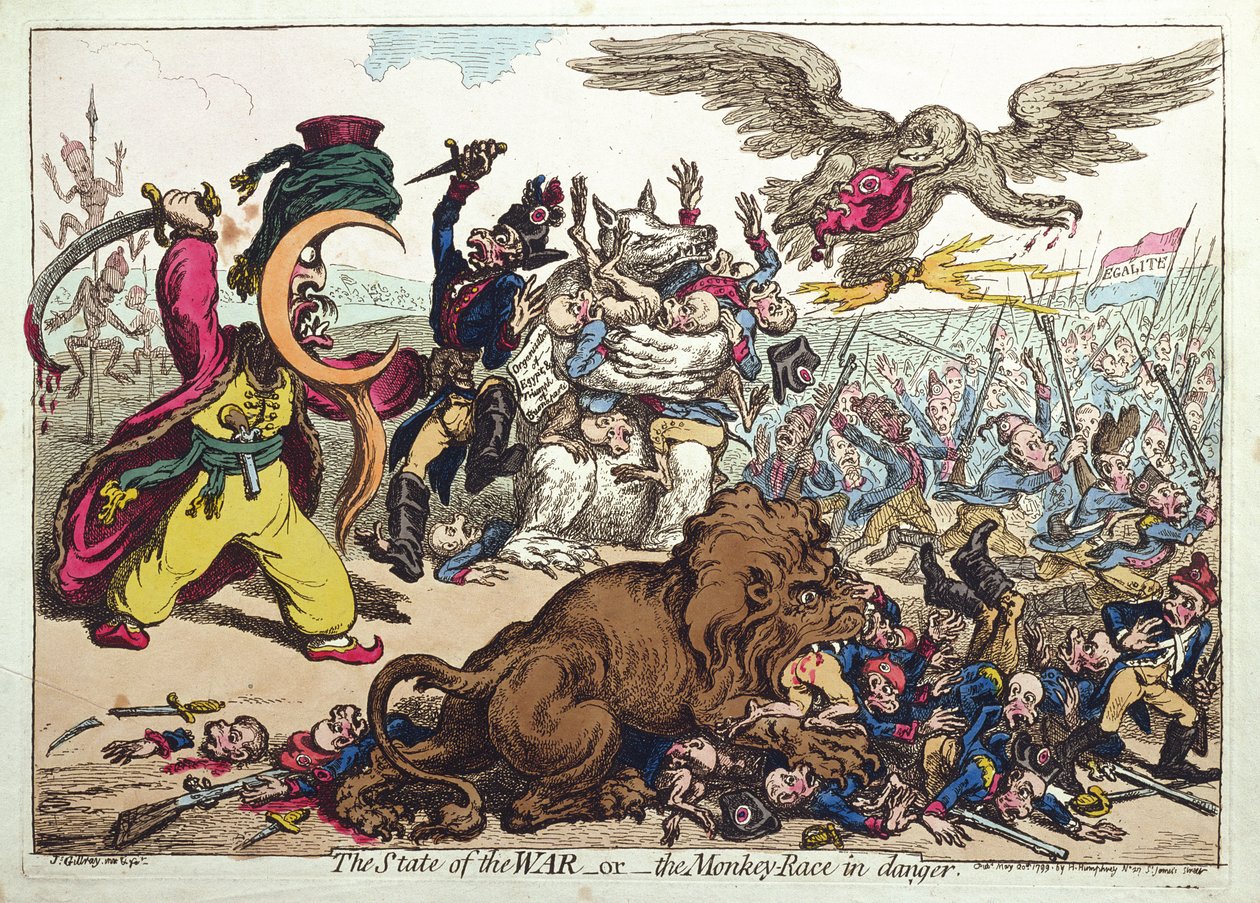 The State of War, or The Monkey Race in Danger, julkaissut Hannah Humphrey vuonna 1799 (käsin väritetty etsaus). tekijältä James Gillray
