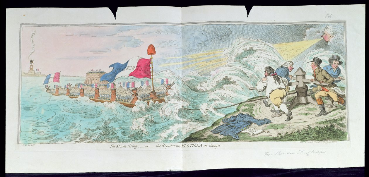 The Storm Rising, or The Republican Flotilla in danger, julkaissut Hannah Humphrey vuonna 1798 (käsin väritetty etsaus). tekijältä James Gillray