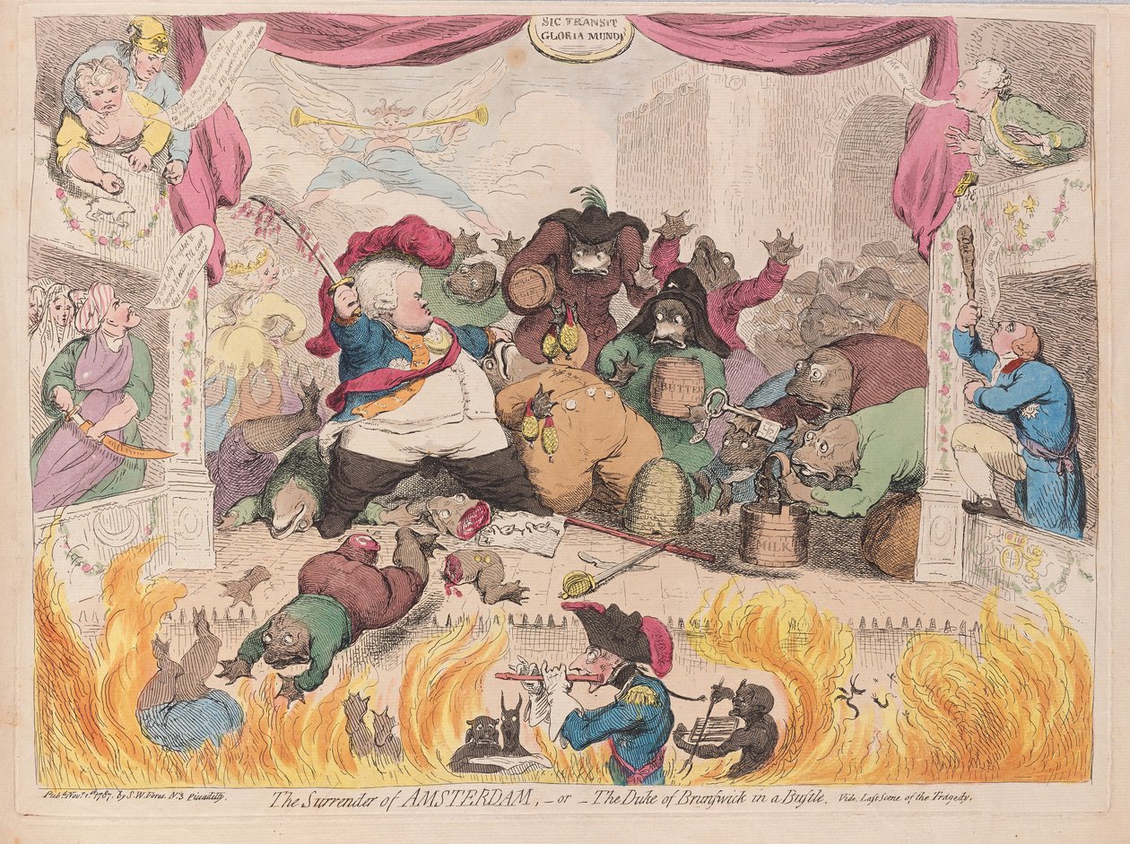 Amsterdamin antautuminen tai Brunswickin herttua vilinässä, pubi. 1787 (käsinvärinen kaiverrus) tekijältä James Gillray