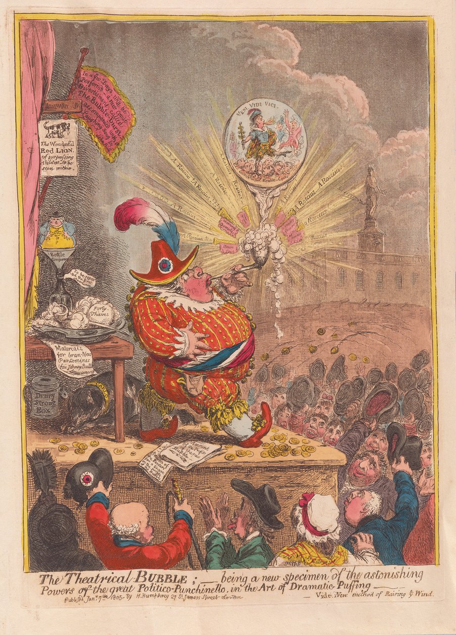 Theatrical Bubble: on uusi esimerkki suuren Politico-Punchinellon hämmästyttävistä voimista dramaattisen puffauksen taiteessa, pub. 1805 (käsinvärinen kaiverrus) tekijältä James Gillray