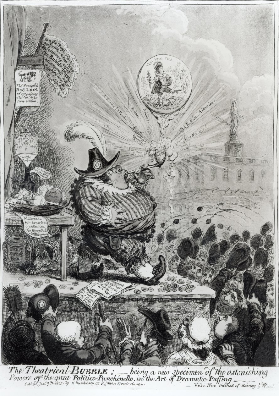Theatrical Bubble... julkaisija Hannah Humphrey (fl.1778-1822) 1805 (etsaus ja akvatinta) tekijältä James Gillray