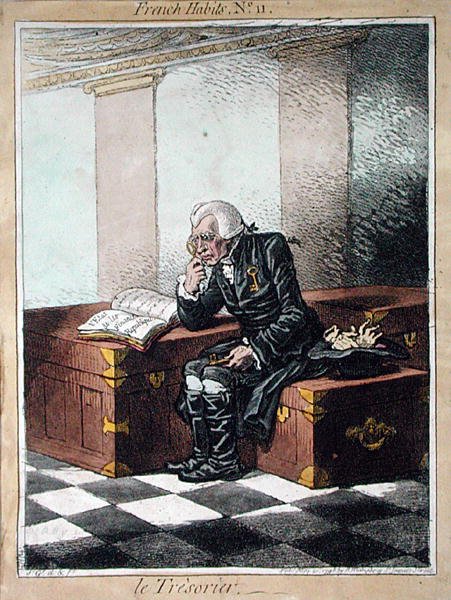 Rahastonhoitaja, levy 11 julkaisusta "French Habits", julkaissut Hannah Humphrey vuonna 1798 (värillinen etsaus) tekijältä James Gillray