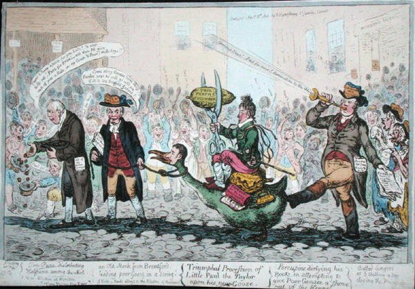 Pikku Paavali Taylorin riemukulkue uudella hanhellaan, julkaistu vuonna 1806 (käsin väritetty etsaus). tekijältä James Gillray