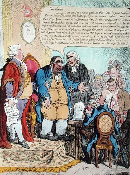 The Worn Out Patriot eli Westminsterin edustajan viimeinen kuoleva puhe vuosipäiväkokouksessa 10. lokakuuta 1800, Shakespeare Tavernissa, julkaisi Hannah Humphrey vuonna 1800 (käsinvärinen etsaus) tekijältä James Gillray