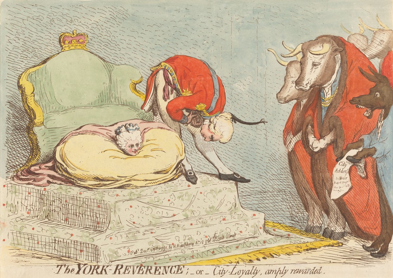 Yorkin kunnioitus; – tai – Kaupungin – uskollisuus, jota on palkittu runsaasti tekijältä James Gillray